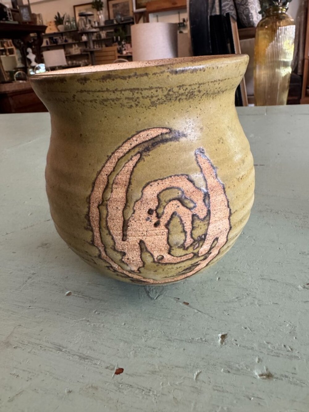 Handcrafted Stoneware Pottery Vase w Abstract Earth Tone Design Ribbed Texture - Picture 2 of 8